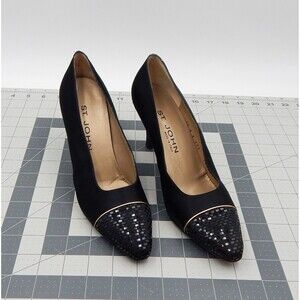 ST JOHN Dress Pumps Black Ladies SZ 9AA Satin Paillettes High Heels Shoes Italy